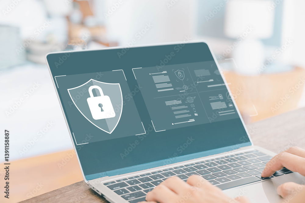 Poster laptop shows the icon lock shield for cybersecurity. concept of secure privacy data, protect cybercr