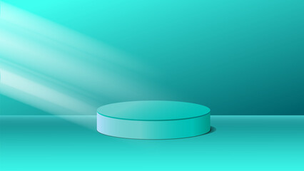 abstract 3D turquoise cylinder podium with soft spotlight rays on gradient background. Ideal for product presentation, branding display, cosmetics, ads, or minimalist modern scenes in high resolution.