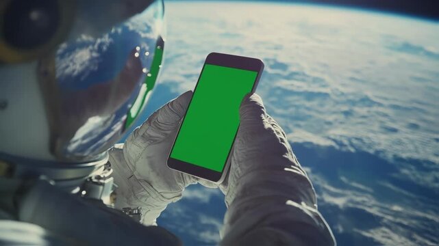 Astronaut wearing professional space suit holding smartphone with green screen display while floating above earth's atmospheric landscape during orbital mission