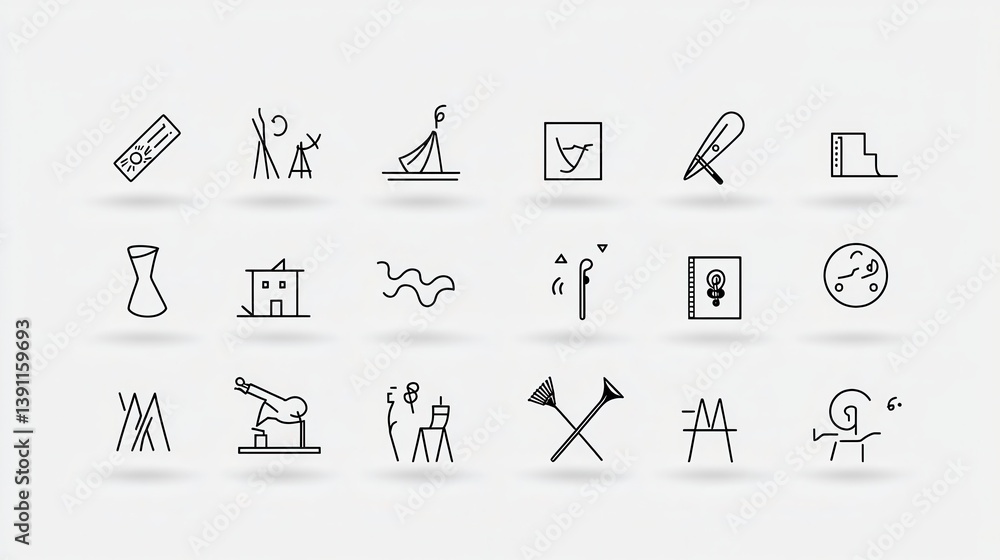 Poster a set of minimalist icons and symbols representing various aspects of technology science and researc