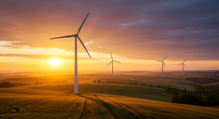 Fototapeta premium Wind Turbines at Sunset Generate Renewable Energy in Open Field