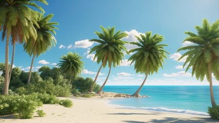 A serene beach scene with white sand, gentle waves