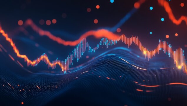 Abstract financial data visualization. Dynamic stock market trends, visualized with glowing lines and points, displaying fluctuating data, showcasing patterns - Powered by Adobe