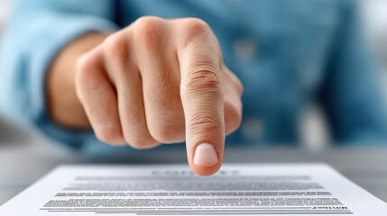 Business discussion, person pointing at document detail for collaborative analysis