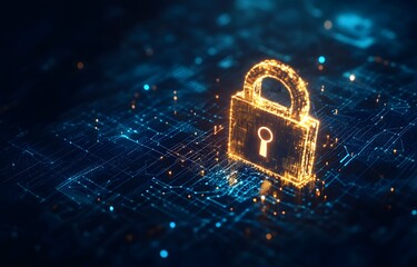 Glowing padlock on a blue circuit board background represents security and technology.