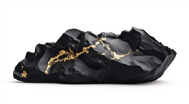 Amostra de mineral preto bruto com inclus&otilde;es douradas isolada em fundo branco.