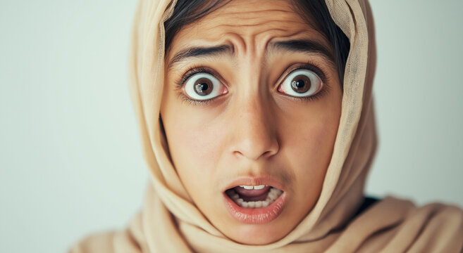 Retrato em close-up de uma jovem mulher usando um hijab, com uma express&atilde;o de surpresa e medo no rosto.