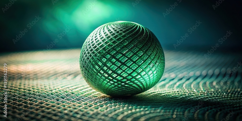 Wall mural emerald orb rests on intricate woven surface, illuminated by a subtle light source