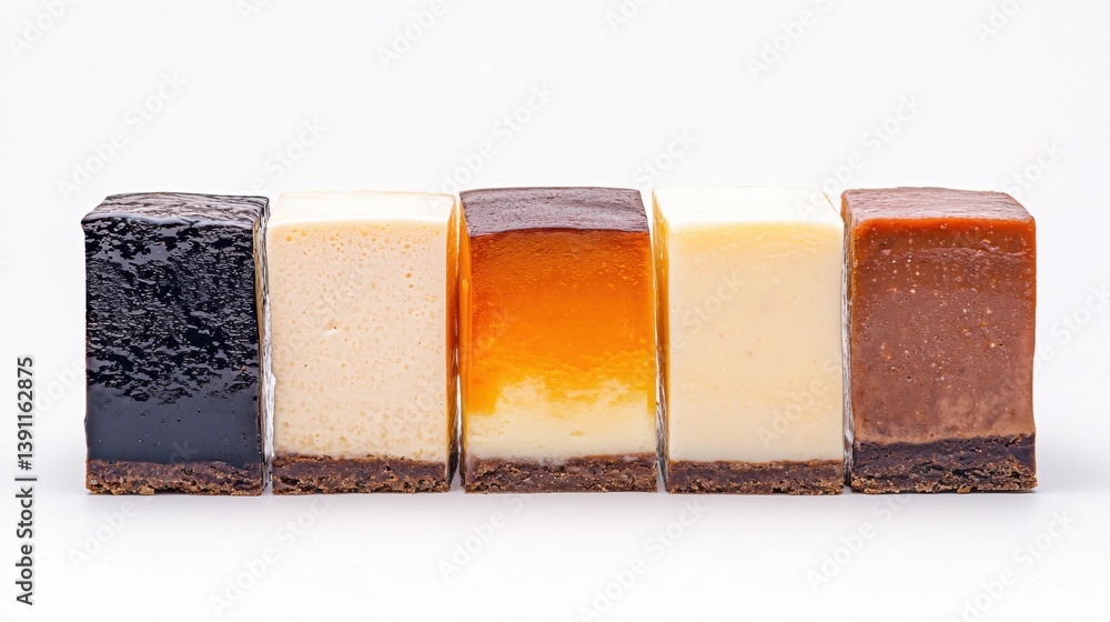 Poster a colorful assortment of rectangular desserts arranged in a row, showcasing different flavors and te