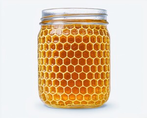 A glass jar filled with golden honey, showcasing a textured honeycomb pattern inside, emphasizing natural sweetness and purity.