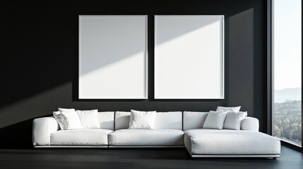 A modern interior shows a white sofa and blank art frames