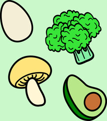 Food illustration pattern on light-green background. Egg, mushroom, broccoli, avocado. Seamless pattern. Ilustración de comida sobre fondo verde claro. Huevo, champiñón, brócoli y aguacate