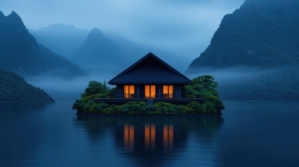 Fototapeta premium A serene cabin on a misty lake, surrounded by mountains, illuminated by warm lights, creating a tranquil nighttime atmosphere.