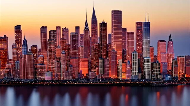 Urban skyline at dawn, reflecting in water