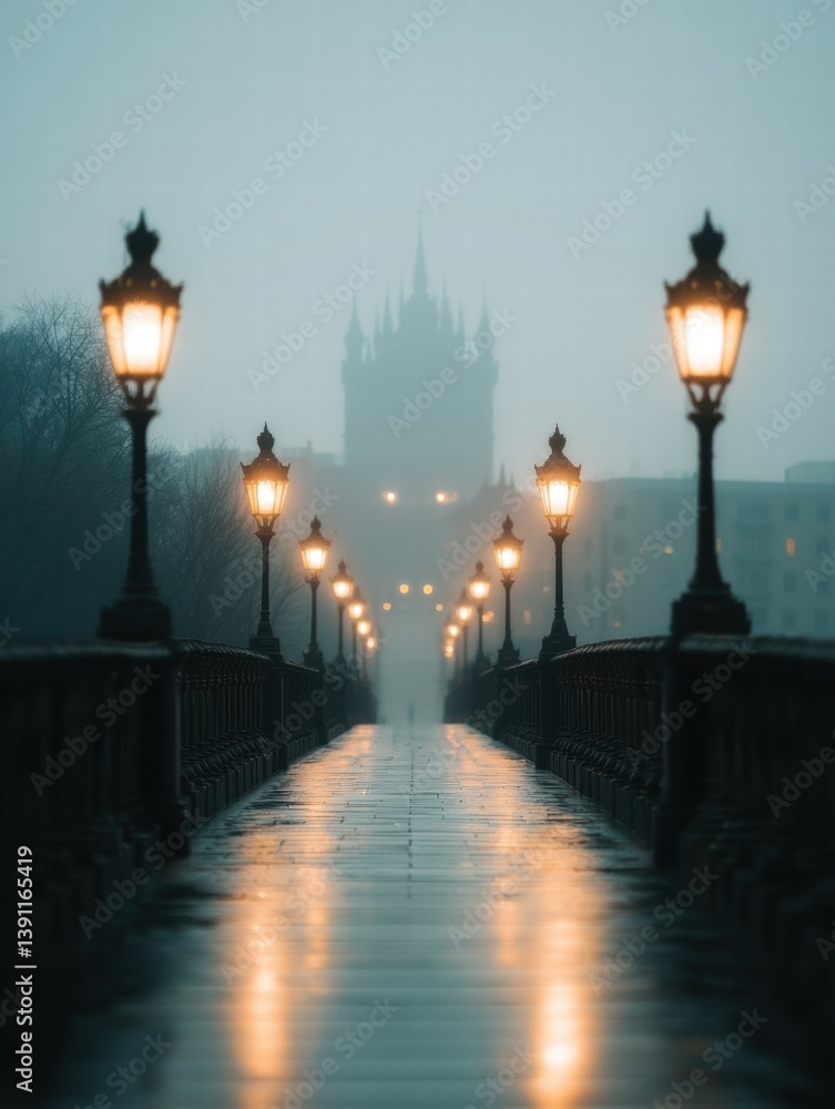 Poster a misty evening scene featuring a bridge lined with illuminated lanterns, leading towards an atmosph
