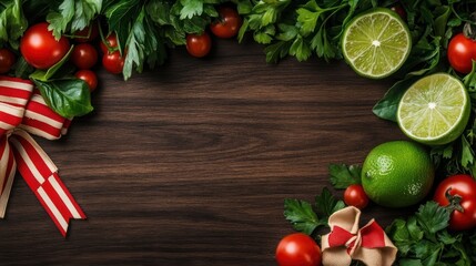 Fresh Herbs Tomatoes and Limes Frame Wooden Background