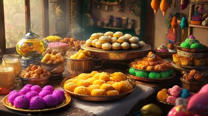 Various colorful pastries and confections arranged on a table beautifully