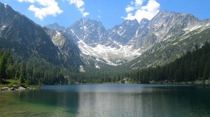 A serene mountain lake nestled amidst majestic mountains and vibrant greenery.