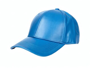 Shiny Blue Baseball Cap with Curved Brim Isolated on White

