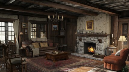 Naklejka premium The interior of a cozy cabin with a fireplace and furnishings