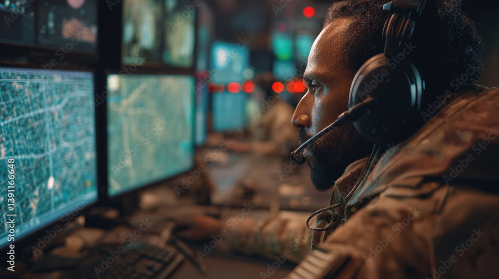 Aufkleber man in military uniform wearing headset in front of multiple computer screens displaying maps and da