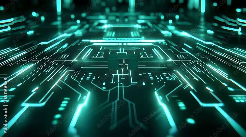 Poster a futuristic illuminated circuit board with glowing digital pathways