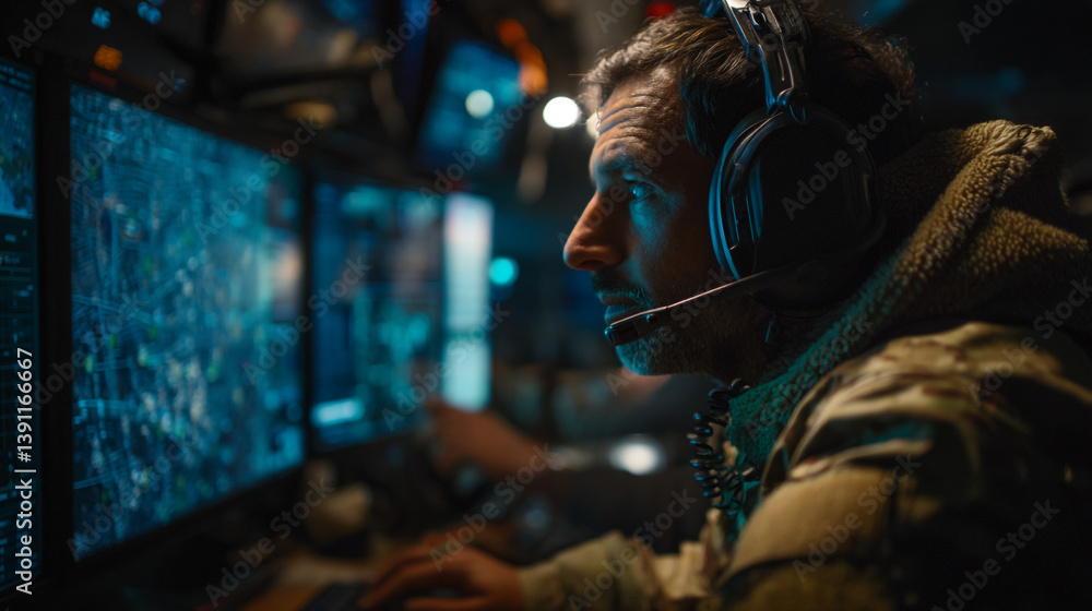 Poster man wearing headset looking at multiple computer screens in a dimly lit room environment indoors