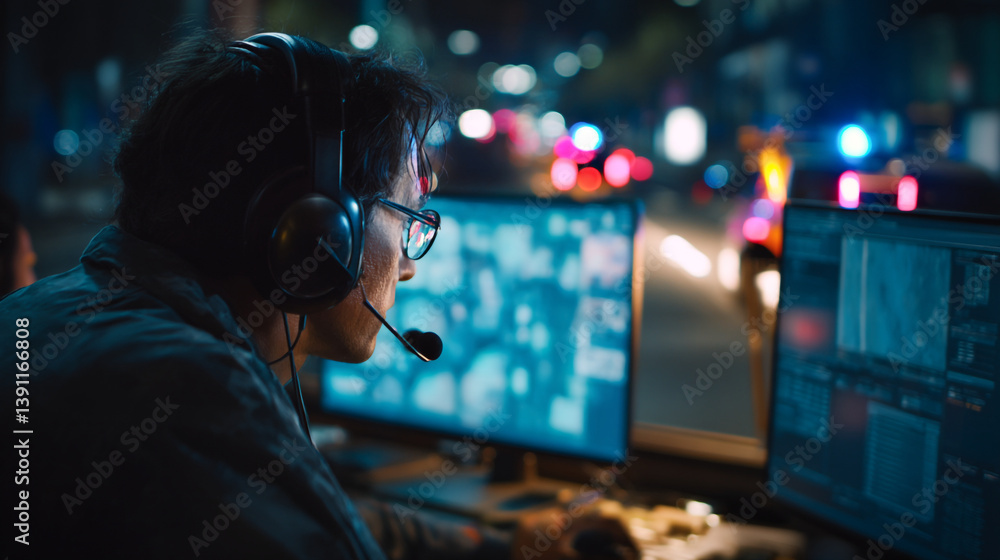 Poster man with headset and glasses in front of computer screens at night with city lights in background