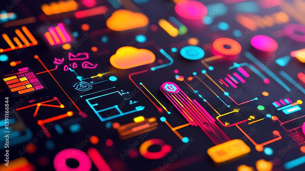 Poster abstract digital circuit board with colorful data visualizations