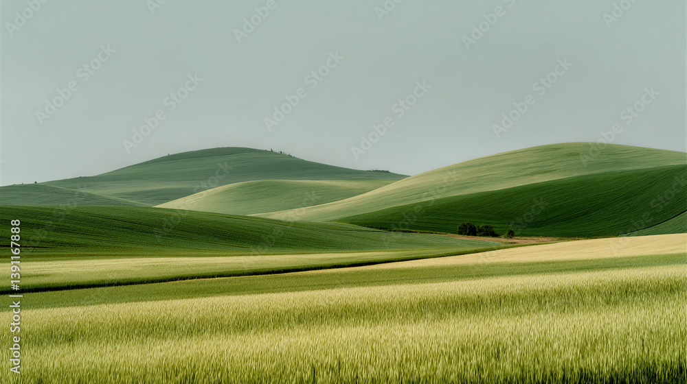 Poster a view of rolling green hills and golden wheat fields under a soft and hazy sky in the countryside