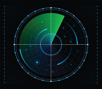 Blue light Radar or Sonar detection unknown target. Green radar vector
