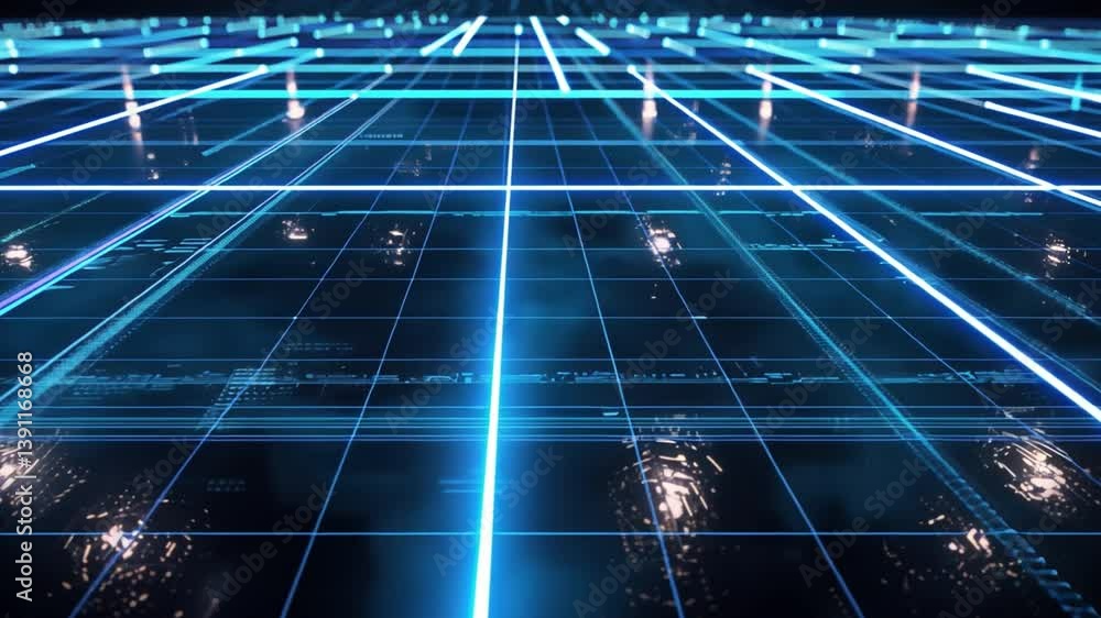 Poster futuristic digital grid abstract blue lines and neon patterns creating depth in technology innovatio