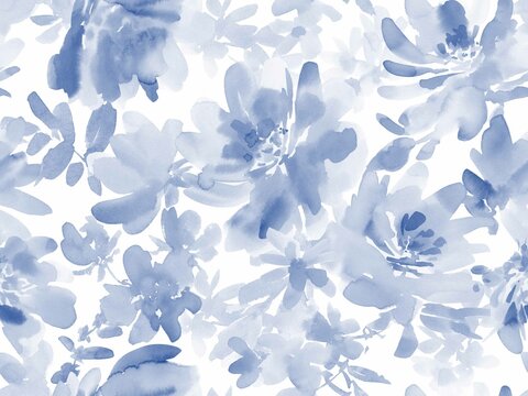 Seamless pattern of abstract indigo blue floral motifs painted in watercolor. Hand-drawn peony textile design.