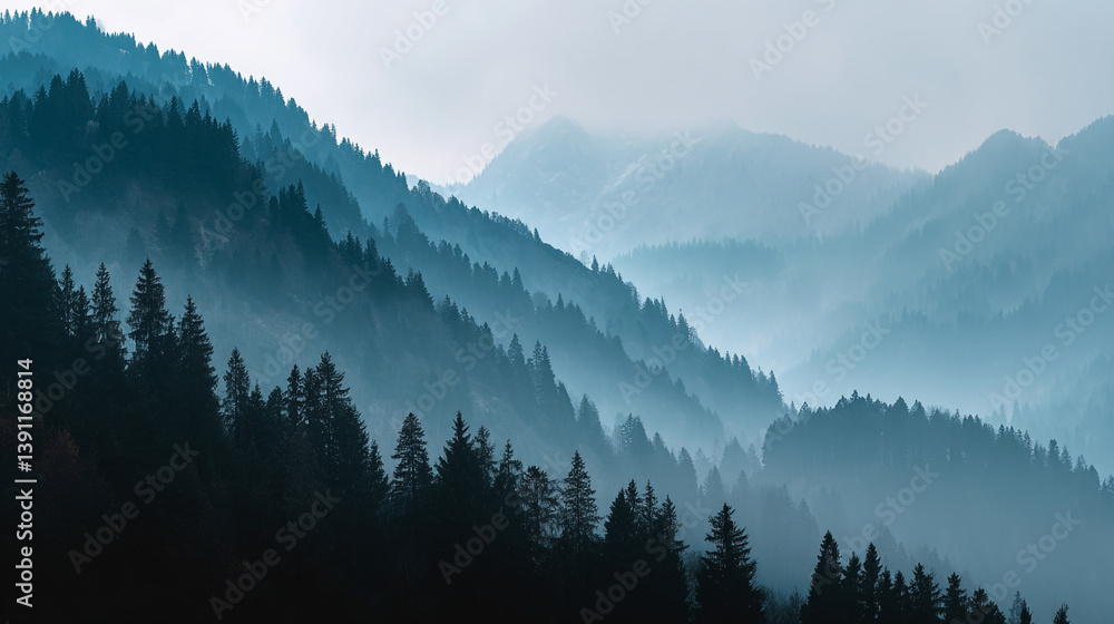 Poster a misty mountain range with evergreen trees fading into the distance on a cloudy day scenery
