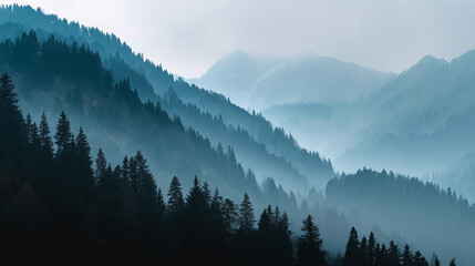A misty mountain range with evergreen trees fading into the distance on a cloudy day scenery