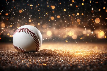 A Baseball Resting On Sparkling Ground With Bokeh Lights Behind It
