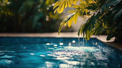 Tropical poolside rain; water dripping into clear blue pool; lush foliage background; relaxation imagery