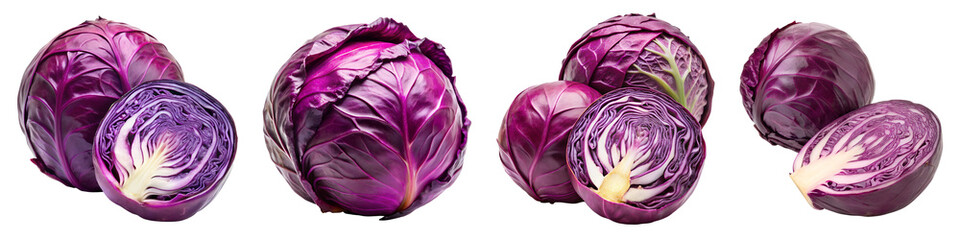 Obraz premium Set of purple cabbage vegetable isolated on a transparent background.