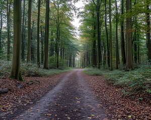 Fototapeta premium A serene forest trail path surrounded by tall green trees