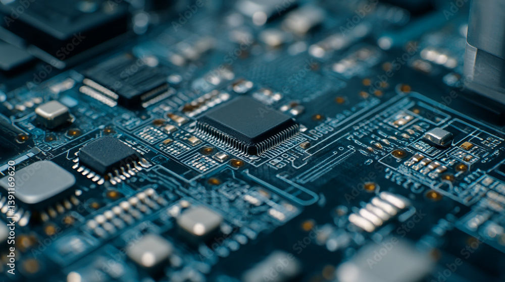 Poster a detailed close up of a blue circuit board with chips and intricate wiring patterns visible on surf