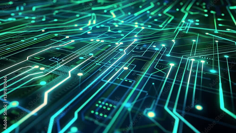 Poster vibrant digital circuit design glowing nodes and intricate lines showcase futuristic technology and 