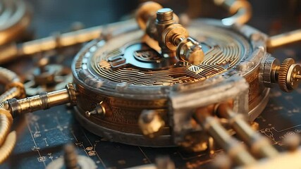 Intricate steampunk-style mechanism with gears, pipes, and a central disc - Powered by Adobe