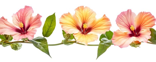 Fototapeta premium Three hibiscus flowers in peach yellow and pink with green leaves on white.