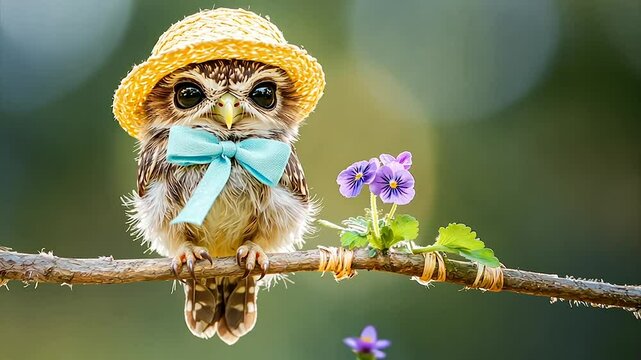 Adorable owlet in straw hat & bow, perched on branch with flowers