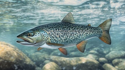 Naklejka premium Trout swimming riverbed rocky background