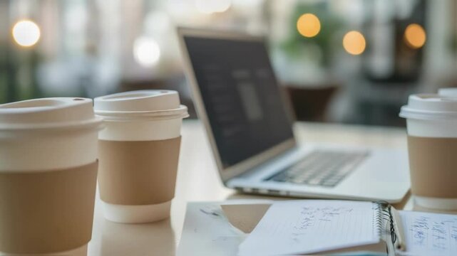 A close view of three empty coffee cups sitting beside an open laptop with a paper notepad filled with scribbled notes and sketches lying in front. The minimalist d&Atilde;&fnof;&Acirc;&copy;cor features neutral