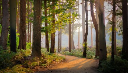 A serene forest scene with tall, slender trees bathed in soft, golden sunlight. 