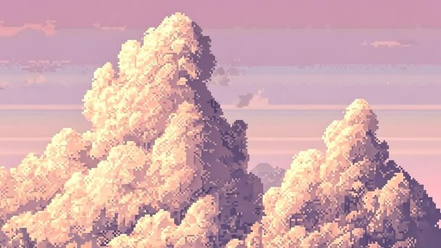 Nostalgic pixel art animation of pastel sunset and fluffy clouds moving slowly