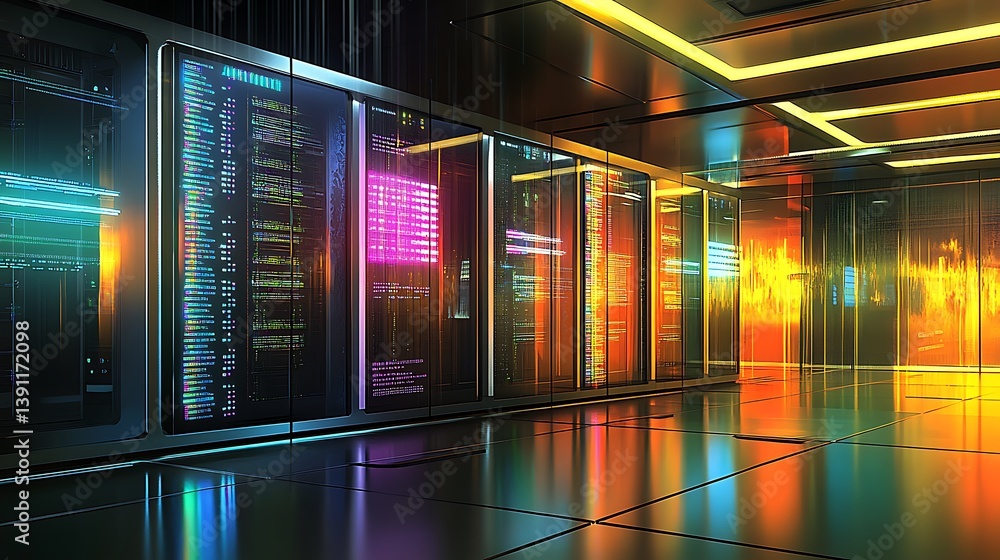 Poster futuristic server room with glowing displays. rows of advanced computer servers, brightly lit, showc