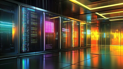 Futuristic server room with glowing displays.  Rows of advanced computer servers,  brightly lit, showcasing  data streams and digital information.  Modern, high-tech interior